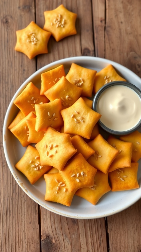 A close-up of golden savory crackers on a plate, with sesame seeds and a bowl of dip.